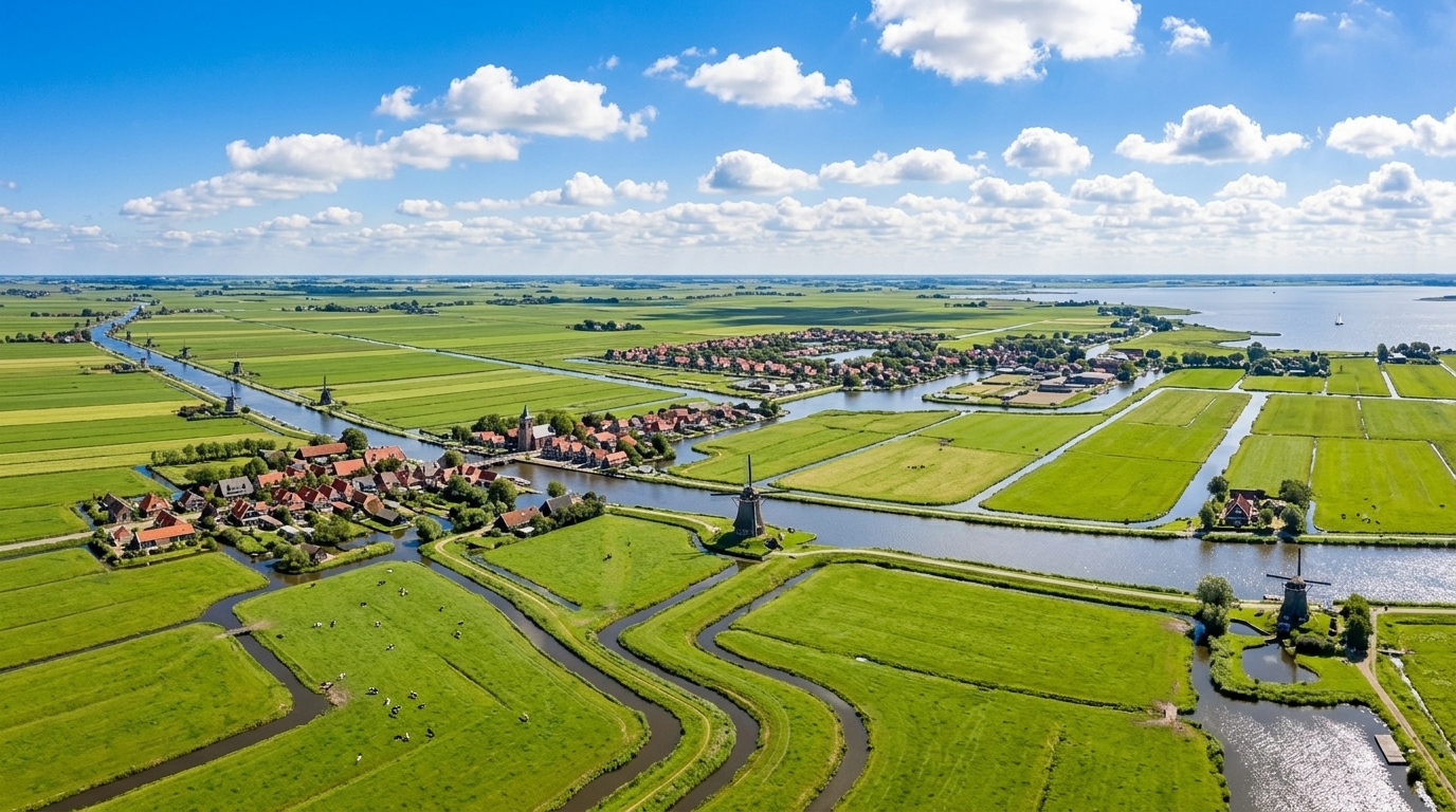 Luchtfoto van het Friese landschap — werkgebied van Loodgieters Friesland Direct
